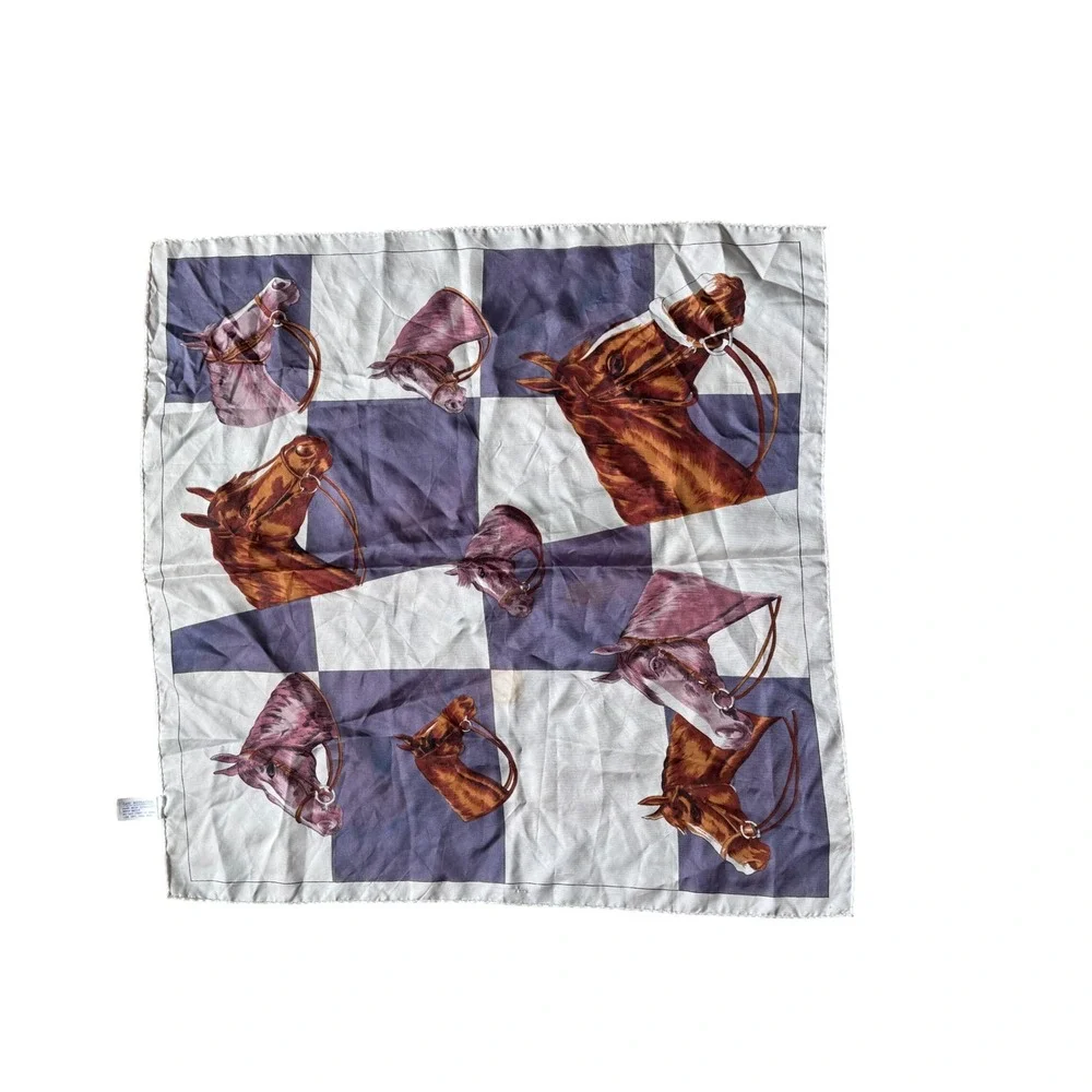 Vintage Equestrian Horse Head Checkered Square Scarf Purple White Acetate Twill